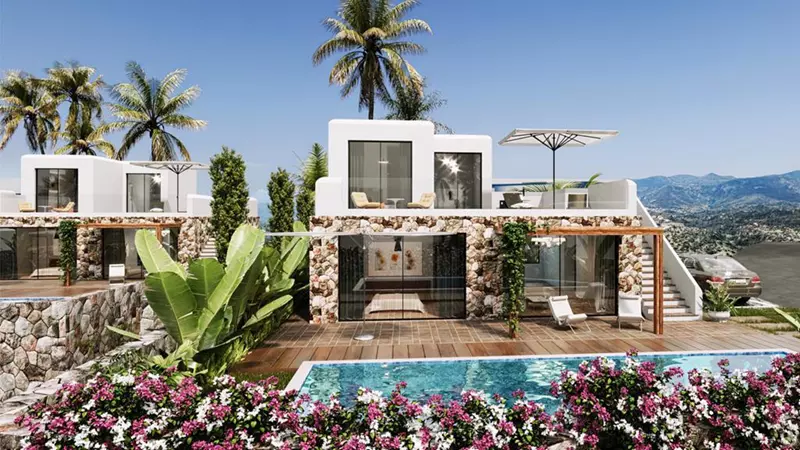 Villas on the first coastline with a view of the turquoise sea in Northern Cyprus